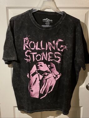 Rolling Stones Black Mineral Washed Short-Sleeve Band Tee with Pink Graphic
